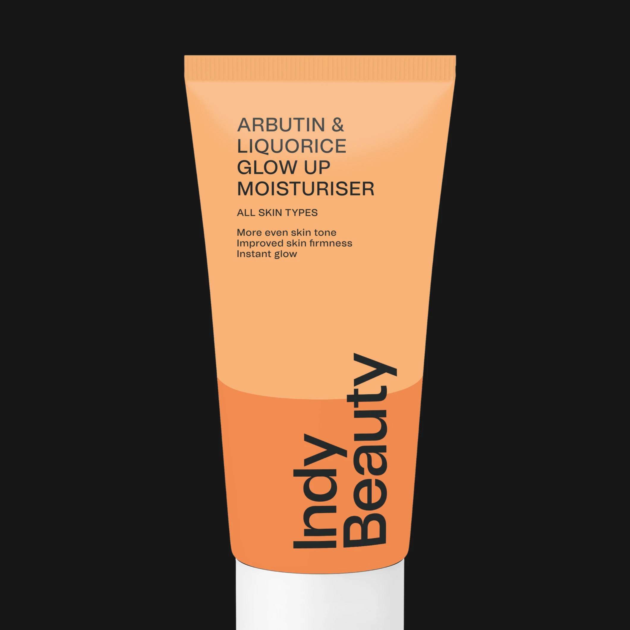 Indy Beauty Arbutin & Liquorice Glow Up Moisturiser i orange tub med vit kork mot svart bakgrund, texten “KICKS CLUB 25% Member Deal” visas i vitt och rosa.