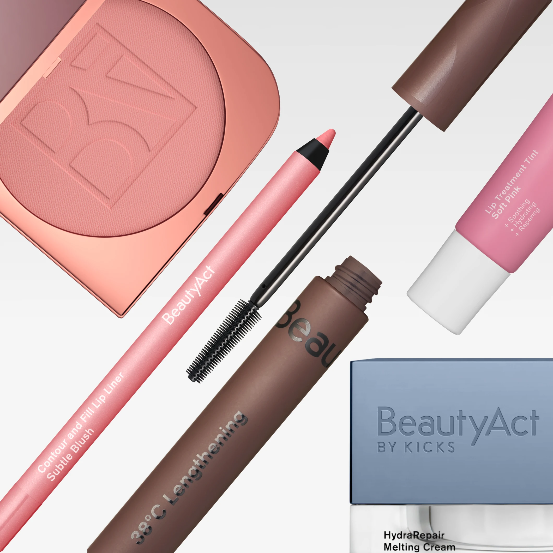 Lähikuvassa BeautyAct-tuotteita vaaleaa taustaa vasten: vaaleanpunainen puuteri, Contour and Fill Lip Liner Subtle Blush, 38°C Lengthening -maskara, Lip Treatment Tint Soft Pink ja HydraRepair Melting Cream. Tuotteissa yhdistyvät meikki, huulienhoito ja kosteuttava ihonhoito vaaleanpunaisissa ja sinisissä sävyissä.