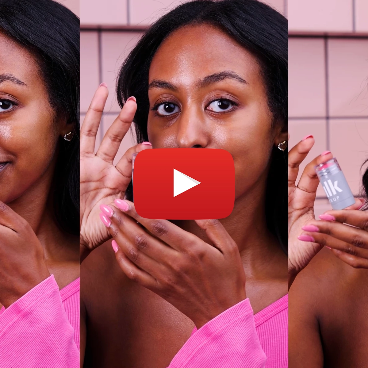 En person med mørkt hår og rosa genser påfører sminke og viser en produkt fra Milk Makeup. Et Youtube play-tegn er plassert midt på bildet.