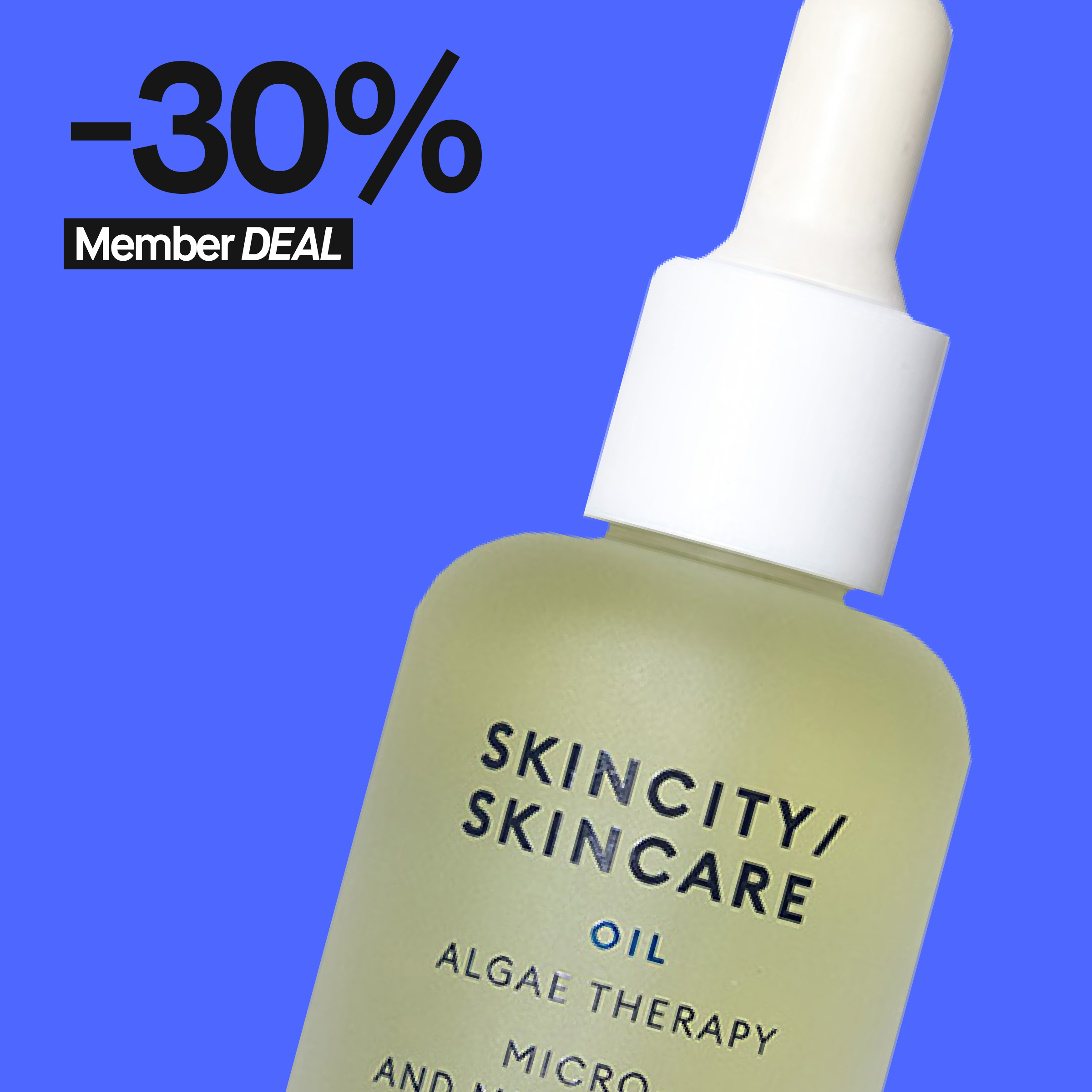 Kuva Skincity Skincare Oil Algae Therapy -kasvoöljystä. Vihreä pullo, jossa on valkoinen pipetti. Vasemmassa yläkulmassa lukee "-30% Member DEAL" sinisellä taustalla.