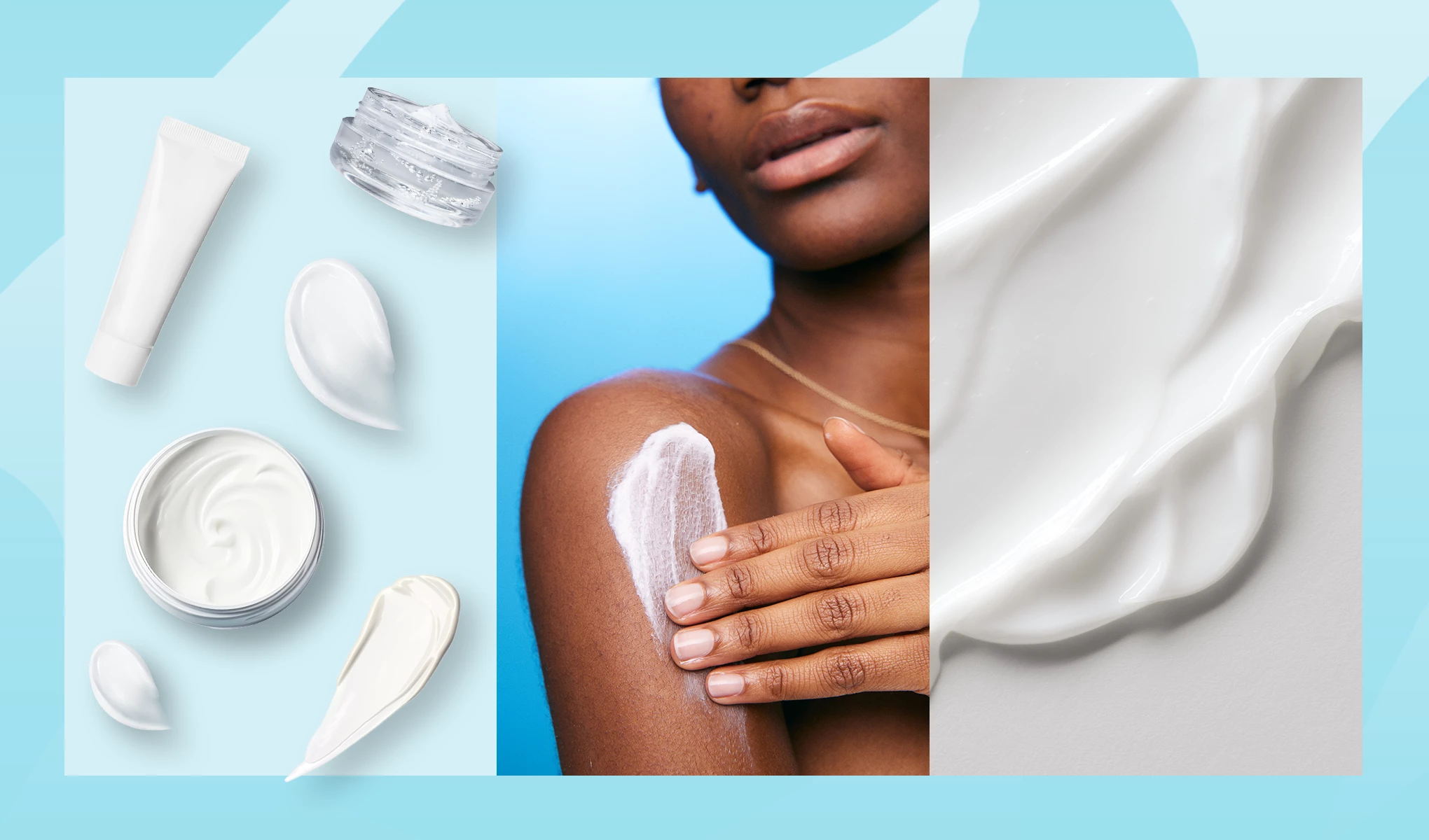 Kuva, jossa näkyy erilaisia ihonhoitotuotteita, mukaan lukien voide, tuubi ja purkki. Keskellä näkyy henkilö, joka levittää voidetta olkapäälleen. Oikealla on voiteen lähikuva.