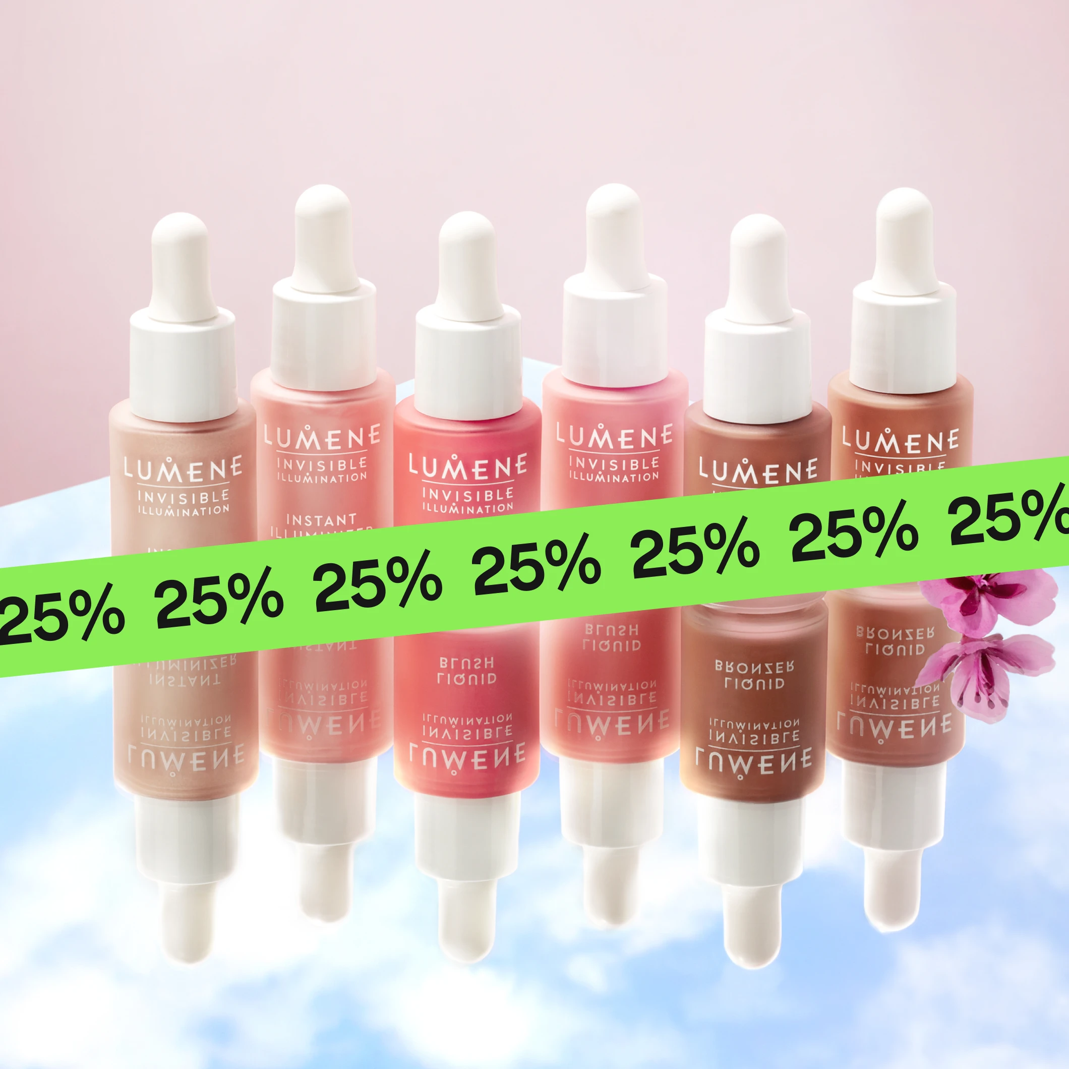 Närbild av Lumene “Invisible Illumination” flytande makeup i olika nyanser med text som “Liquid Blush” och “Liquid Bronzer”, med spegling under produkterna och en grön “25%”-banderoll över bilden.