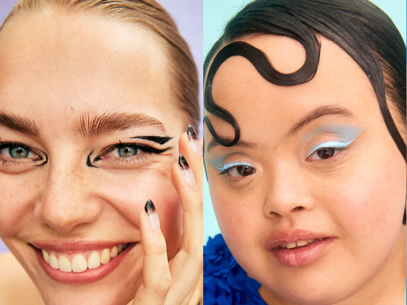 Två personer med olika ögonmakeup. Den första personen har en naturlig look med subtil ögonskugga och mascara. Den andra personen har en mer dramatisk ögonmakeup med mörkare ögonskugga och markerad eyeliner.