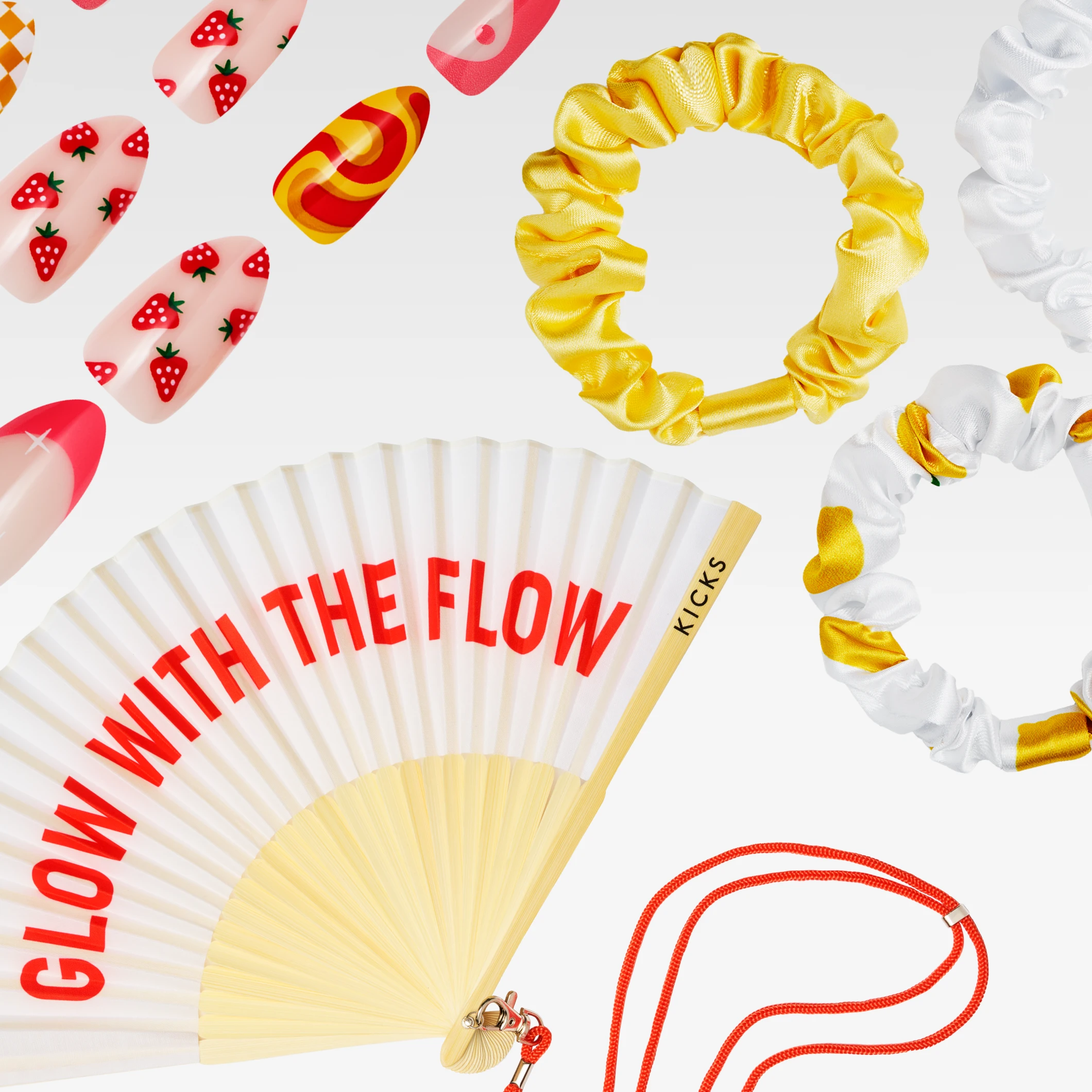 Kesäasusteita, mukana kynsidesigneja mansikkakuviolla ja värikkäillä kuvioilla, keltaisia ja valkoisia scrunchie-hiuslenkkejä sekä viuhka tekstillä "GLOW WITH THE FLOW" ja "KICKS".