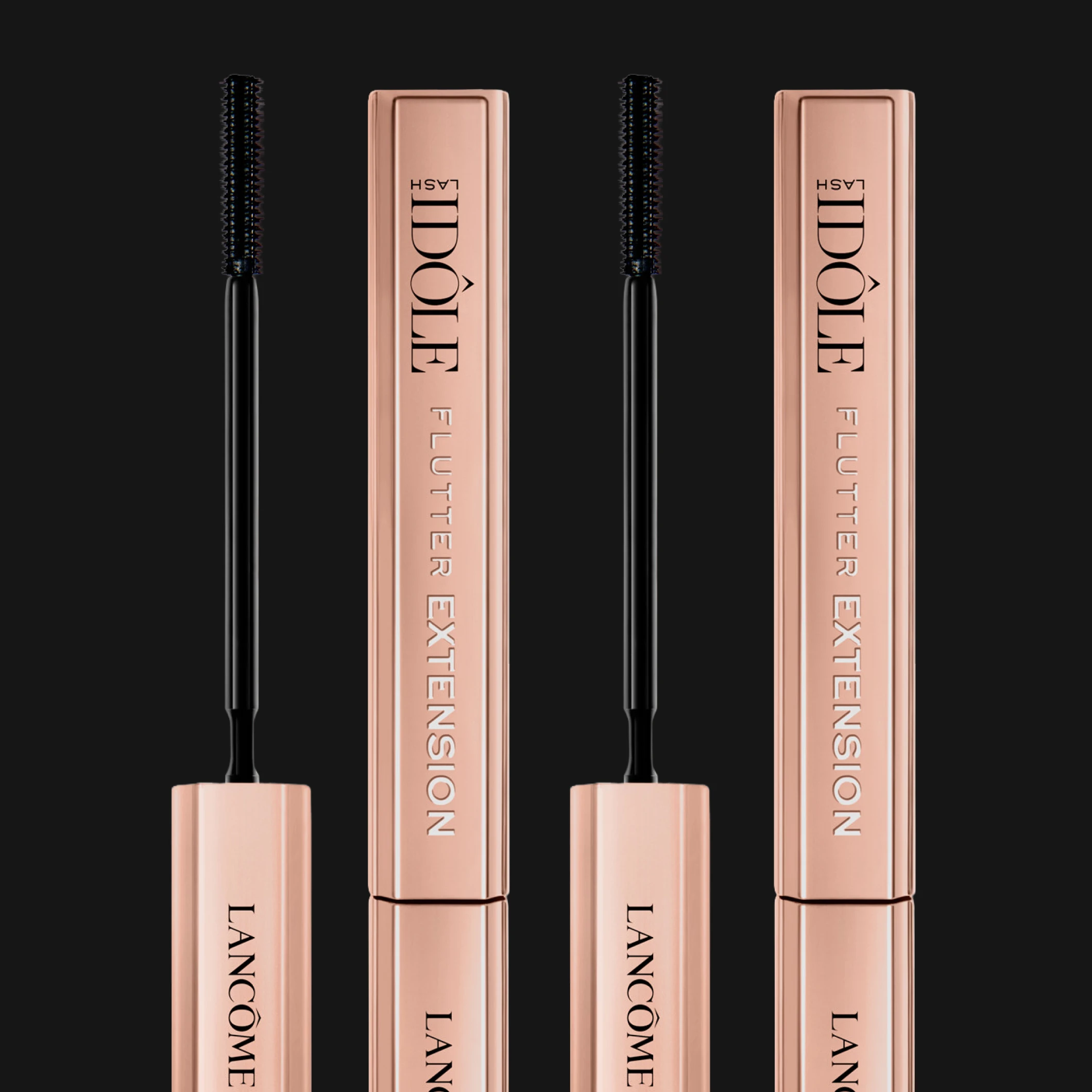 Lancôme Lash Idôle Flutter Extension mascara med to roségullfargede hylser og synlige svarte børster mot svart bakgrunn.