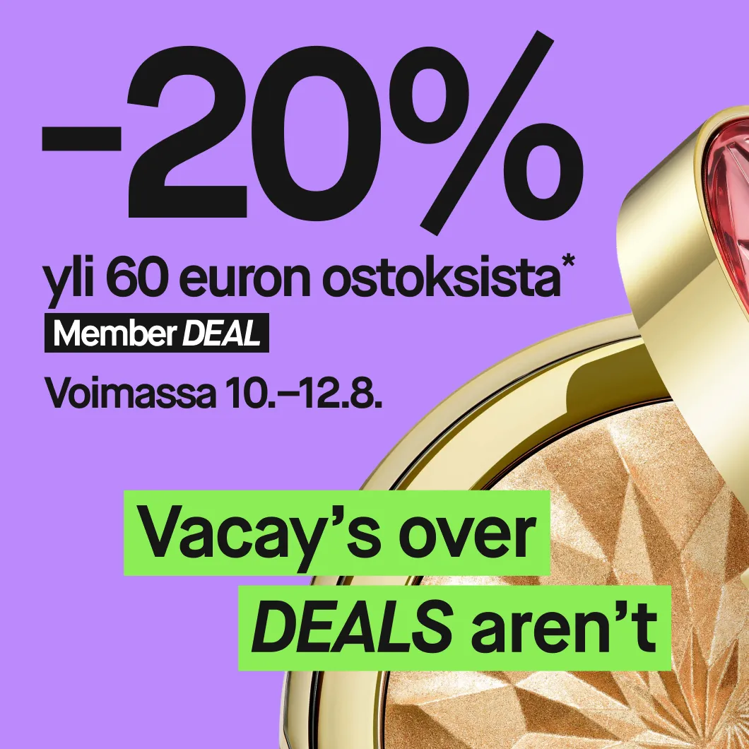 Violetti kampanjabanneri, jossa oikealla näkyy avoin kultasävyinen meikkituote. Teksti: "20 %", "yli 55 € ostoksesta*", "Member DEAL", "Voimassa 10–12/8" ja "Vacay’s over DEALS aren’t".