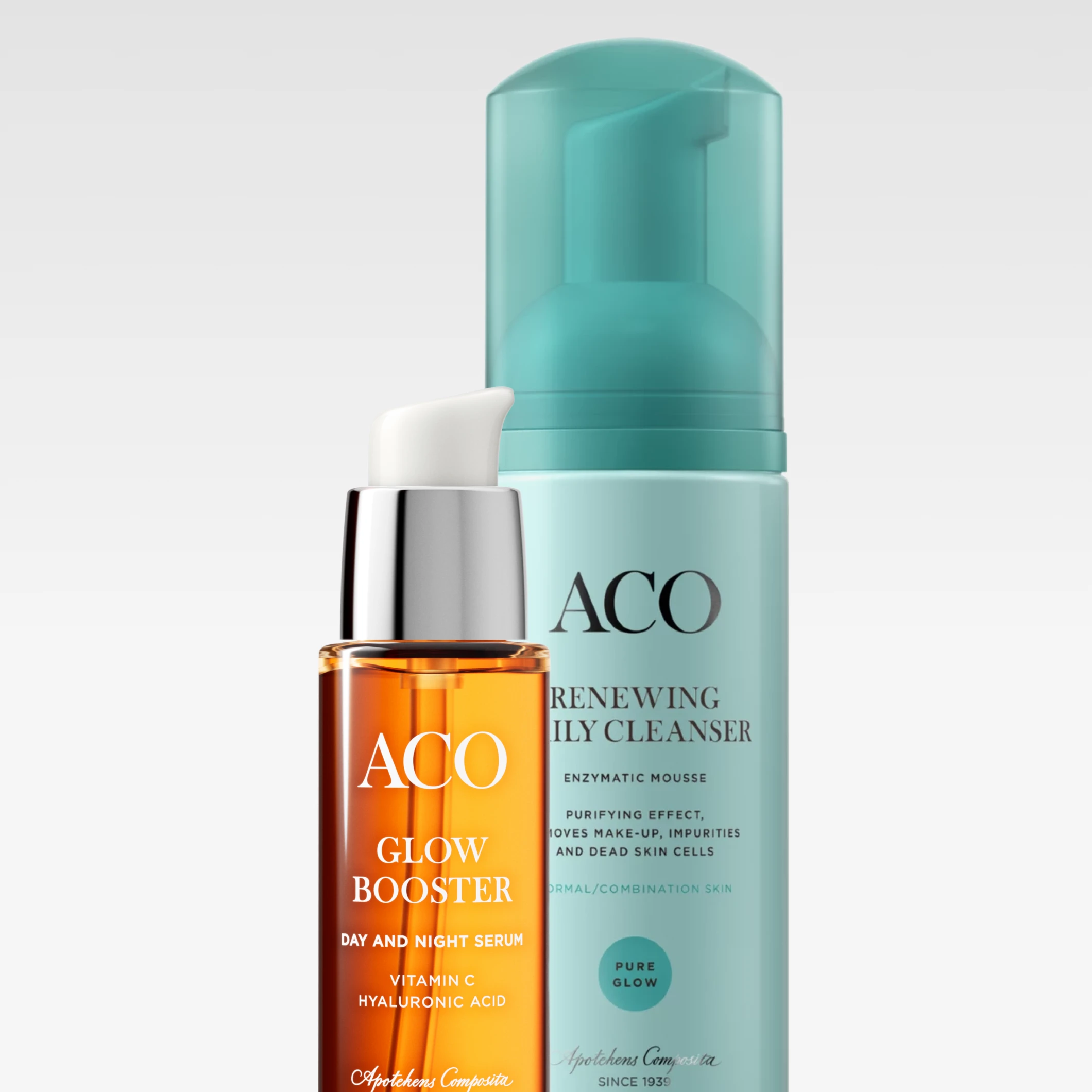 Hudvård från ACO med Glow Booster serum och Renewing Daily Cleanser “Enzymatic Mousse” visas i närbild.