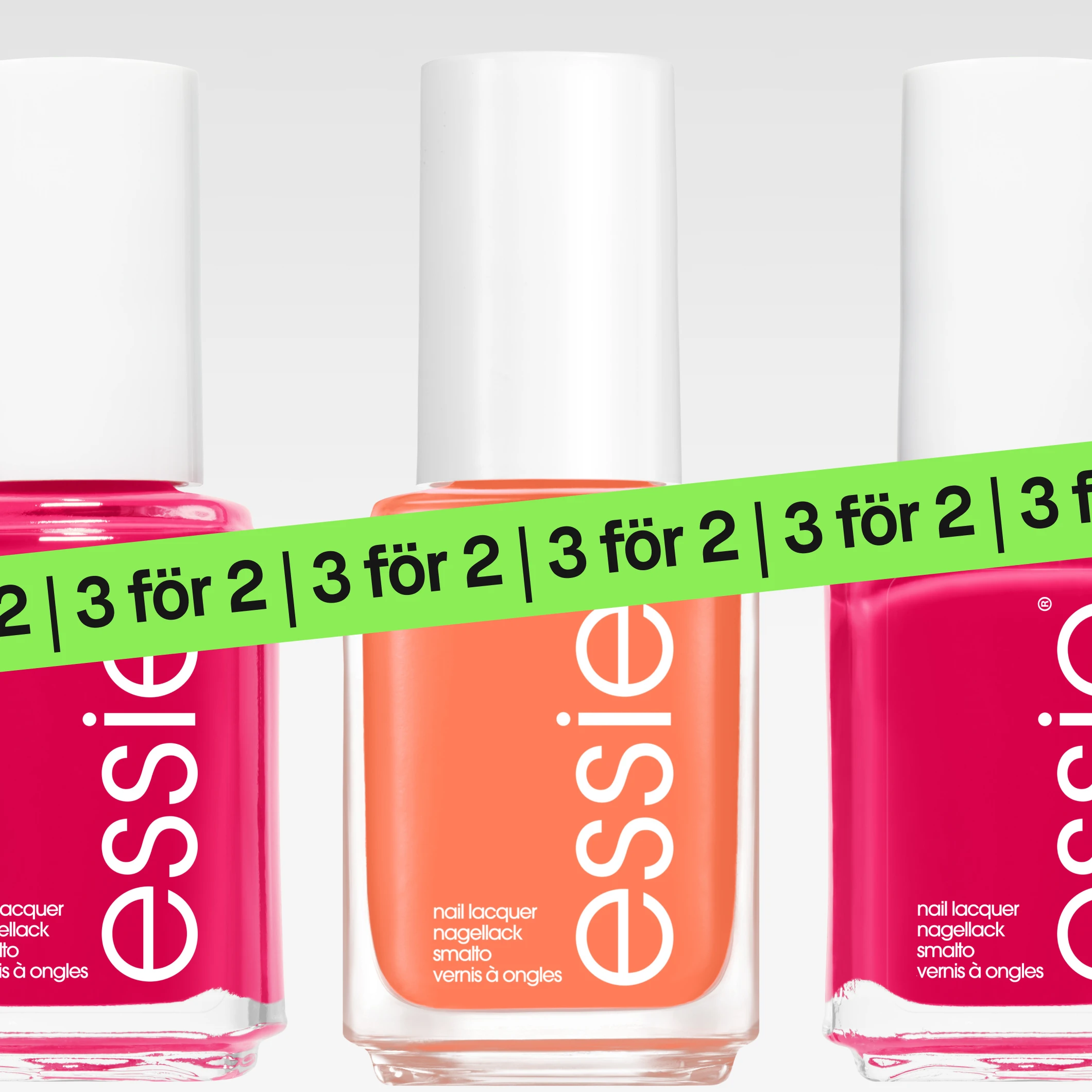 Lähikuva Essie-kynsilakoista pinkeissä ja oransseissa sävyissä, tekstit “essie” ja “nail lacquer nagellack smalto vernis à ongles”, vihreä “3 för 2” -banneri kuvan päällä.