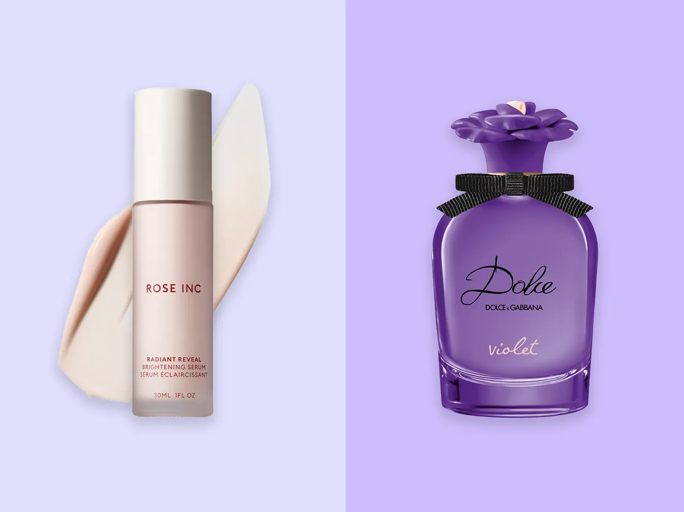 Rose Inc Radiant Reveal Brightening Serum, Dolce & Gabbana Violet -hajuvesi lilaa taustaa vasten.