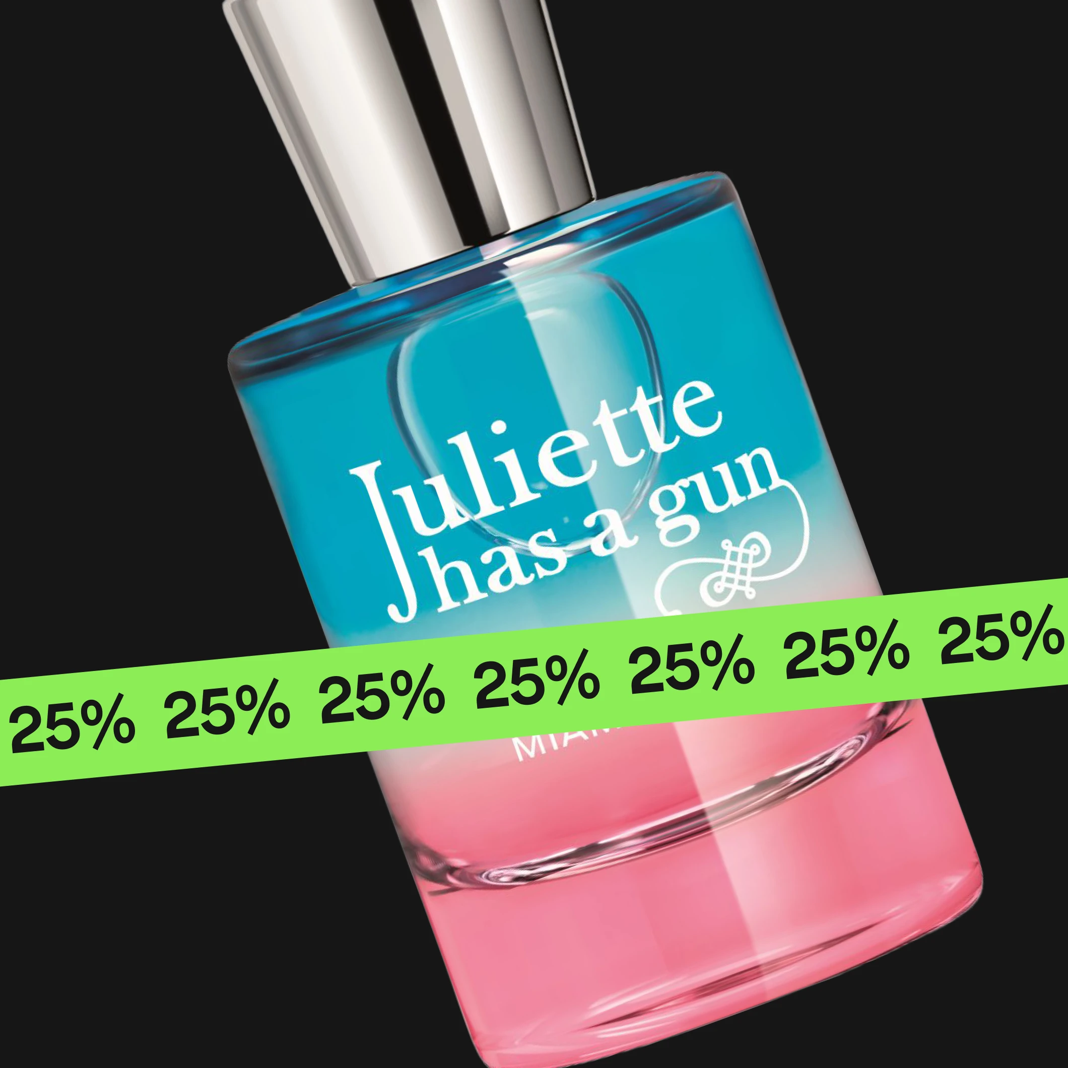 Juliette has a gun Miami Shake -hajuvesipullo sinisen ja vaaleanpunaisen sävyissä mustaa taustaa vasten, pullossa teksti "Juliette has a gun" ja "MIAMI SHAKE", päällä vihreä nauha tekstillä "25%".