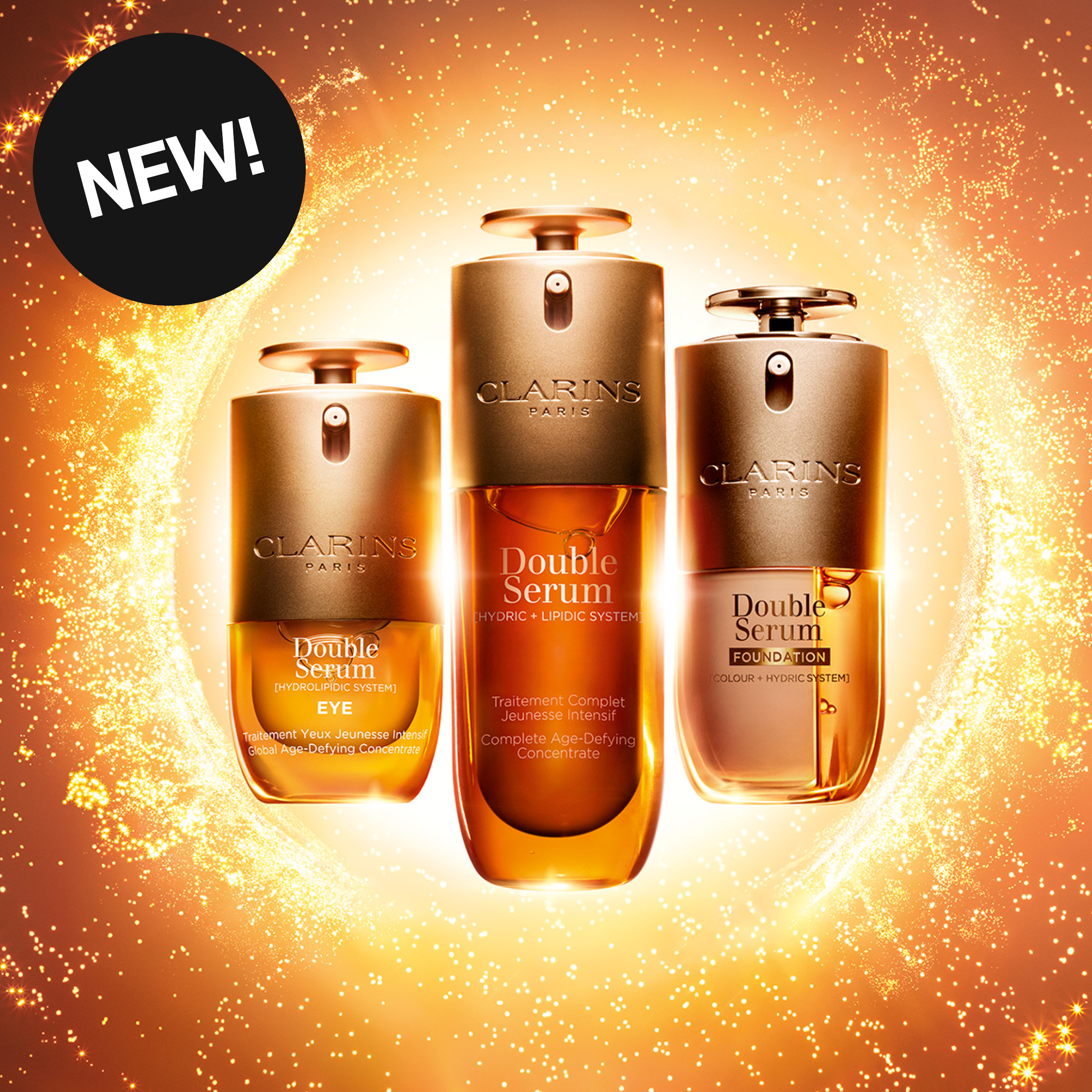 NYHET! Tre Clarins Double Serum-produkter i gullfargede flasker: Eye, Complete Age-Defying Concentrate og Foundation.