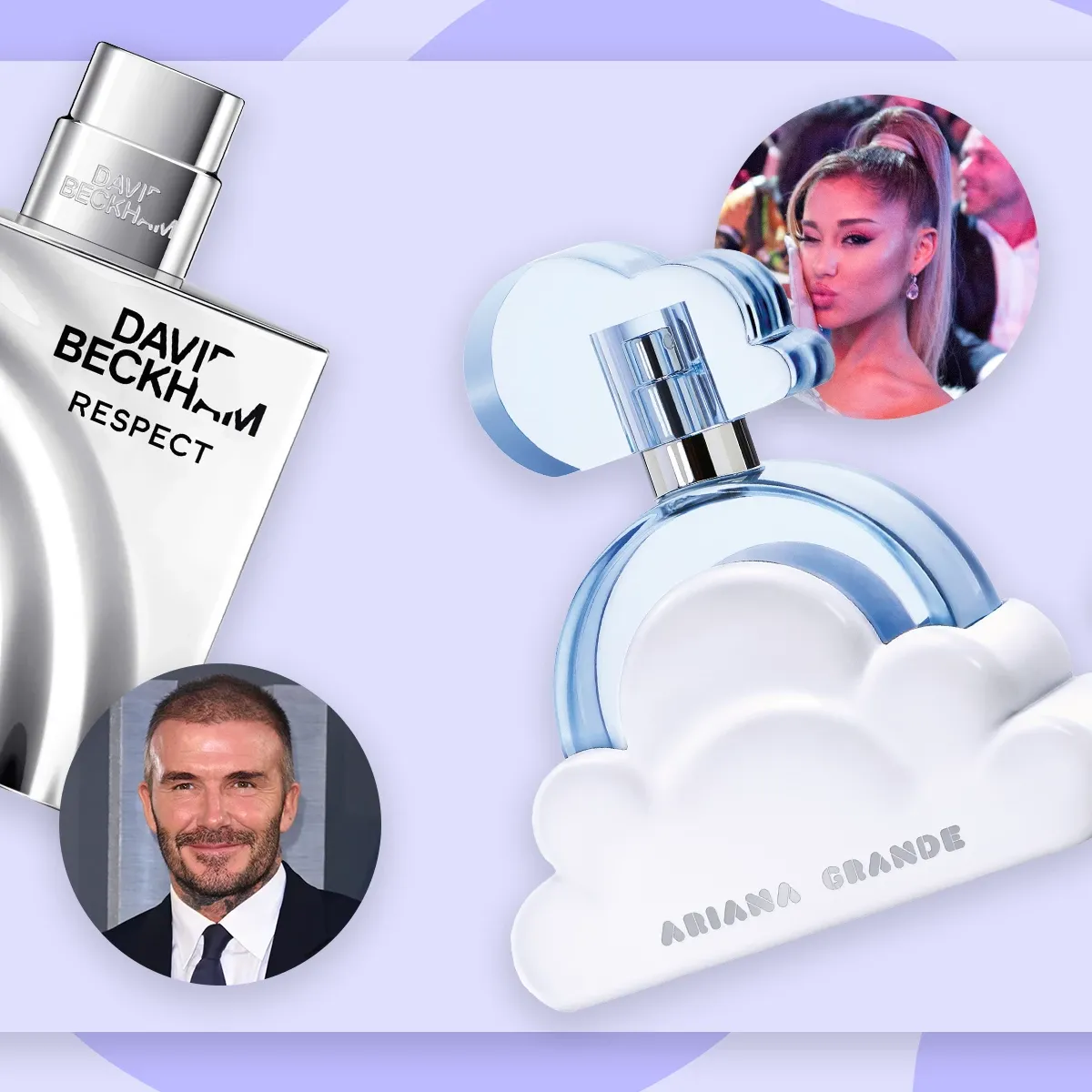 Två kändisparfymer – David Beckhams "Respect" och Ariana Grandes "Cloud" med bilder på respektive kändis
