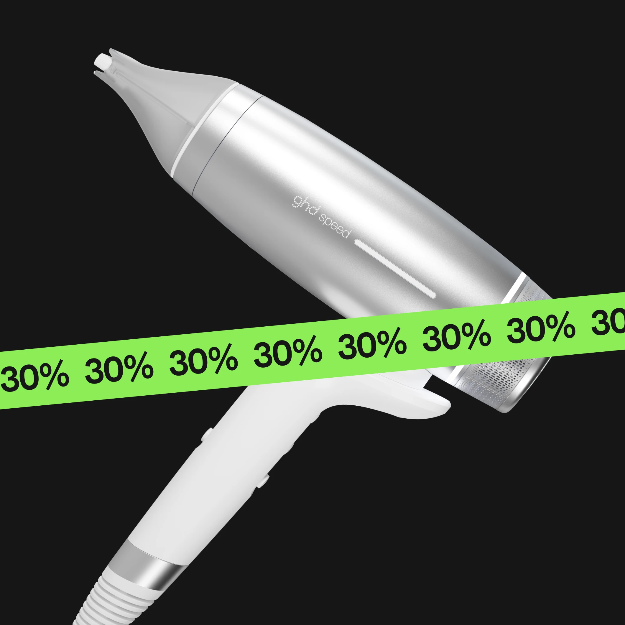 ghd-hiustenkuivaaja hopeisena suuttimella mustaa taustaa vasten, tuotteessa teksti "ghd speed" sekä vihreä nauha toistuvalla tekstillä "25%".
