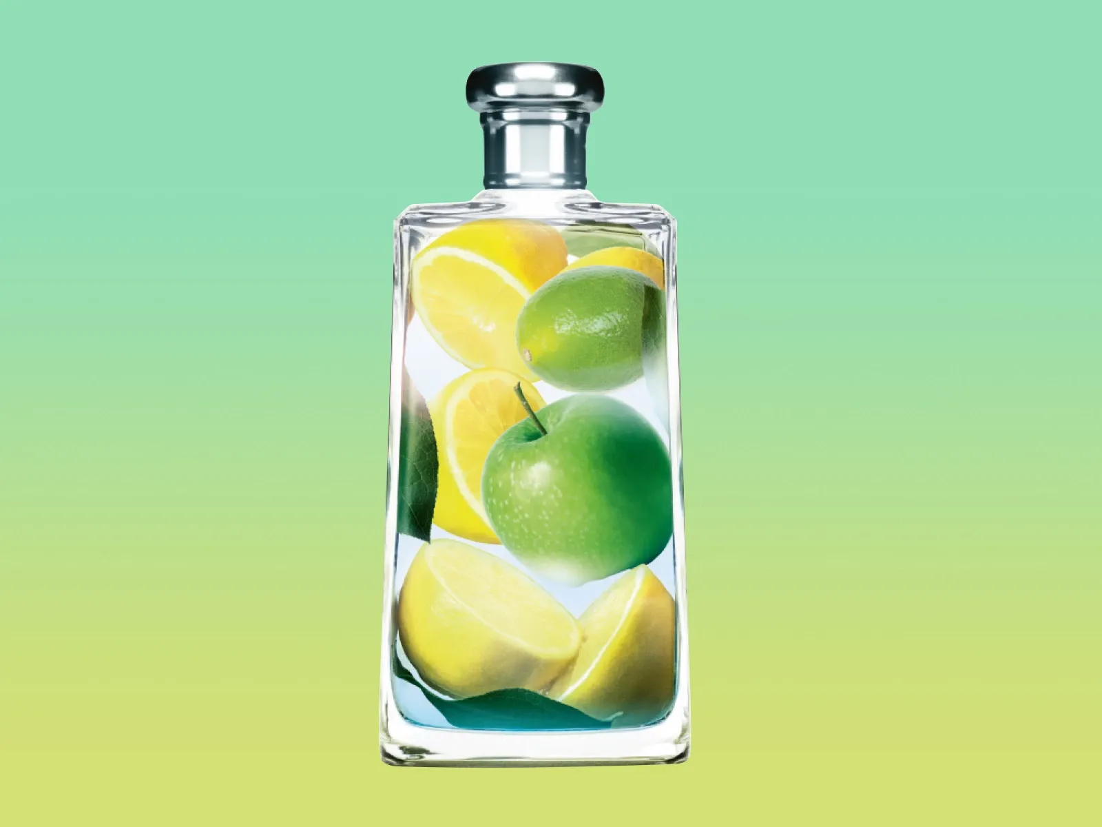 En glasflaska fylld med gröna äpplen, citroner och limefrukter mot en grön-gul bakgrund.