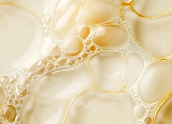 Lähikuva kultaisista ja kermanvalkoisista öljykuplista nesteessä, pehmeä ja kermainen rakenne.