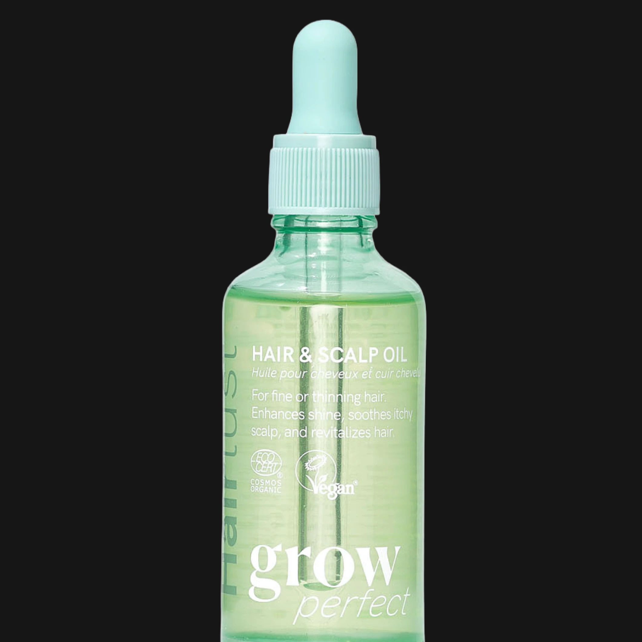 Hairlust grow perfect Hair & Scalp Oil vihreässä pipettipullossa, tekstit "HAIR & SCALP OIL" ja "Vegan" sekä kuvaus hienoille tai oheneville hiuksille.