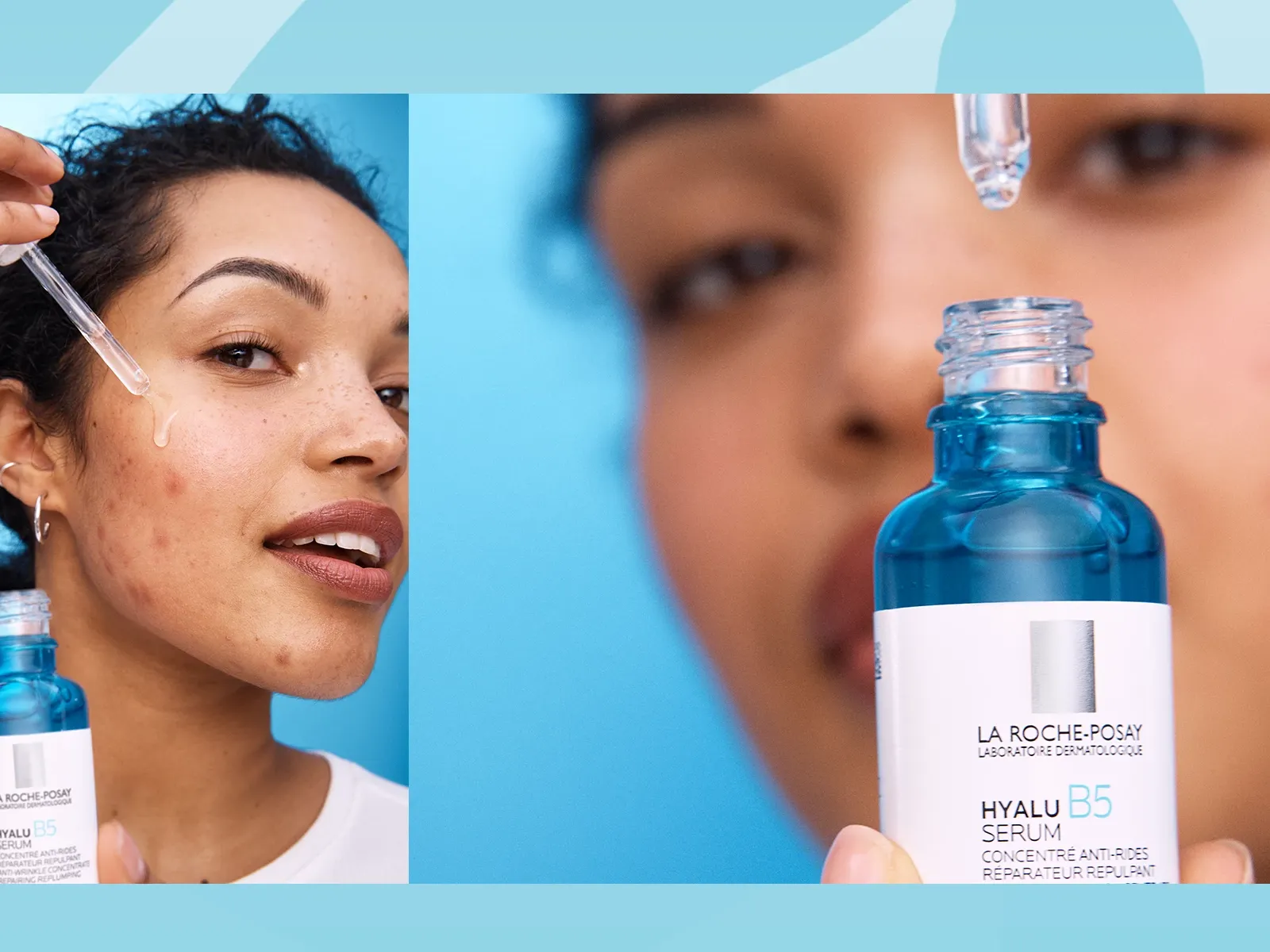 En kvinna visar upp ett serum från La Roche-Posay mot en blå bakgrund.