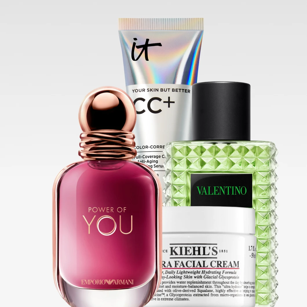 Lähikuvassa valikoituja kauneustuotteita, etualalla Emporio Armani Power of You -parfyymi, taustalla IT Cosmeticsin ”YOUR SKIN BUT BETTER CC+” ja Urban Decayn ”ALL NIGHTER” sekä alhaalla Kiehl’s Ultra Facial Cream. Näkyvä teksti sisältää tuotenimet ”POWER OF YOU”, ”EMPORIO ARMANI”, ”YOUR SKIN BUT BETTER CC+”, ”ALL NIGHTER” ja ”KIEHL’S ULTRA FACIAL CREAM”.