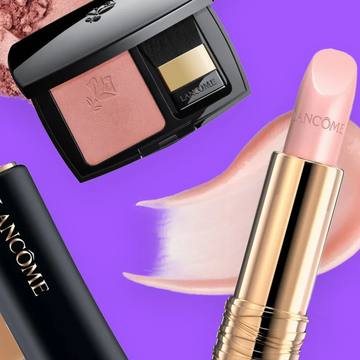 Lancome sminkprodukter mot en lila bakgrund.
