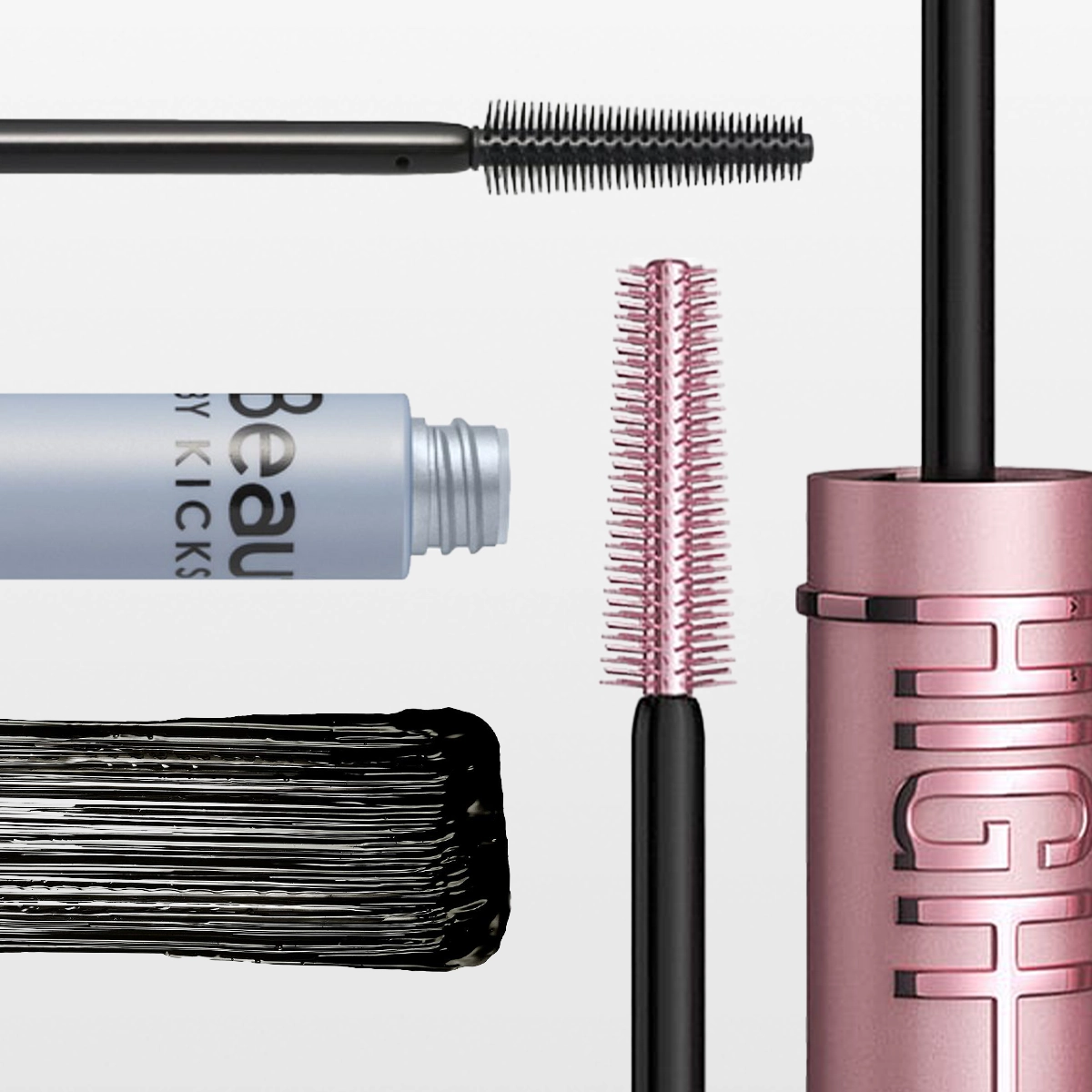 Bilde som viser forskjellige maskara produkter. På bildet vises en svart maskara børste, en tube med teksten "Beauty Kicks Lengthening", en rosa maskara børste, en rosa tube med teksten "HIGH" og en svart maskara strek. Bildet er arrangert med produktene spredt på en hvit bakgrunn.