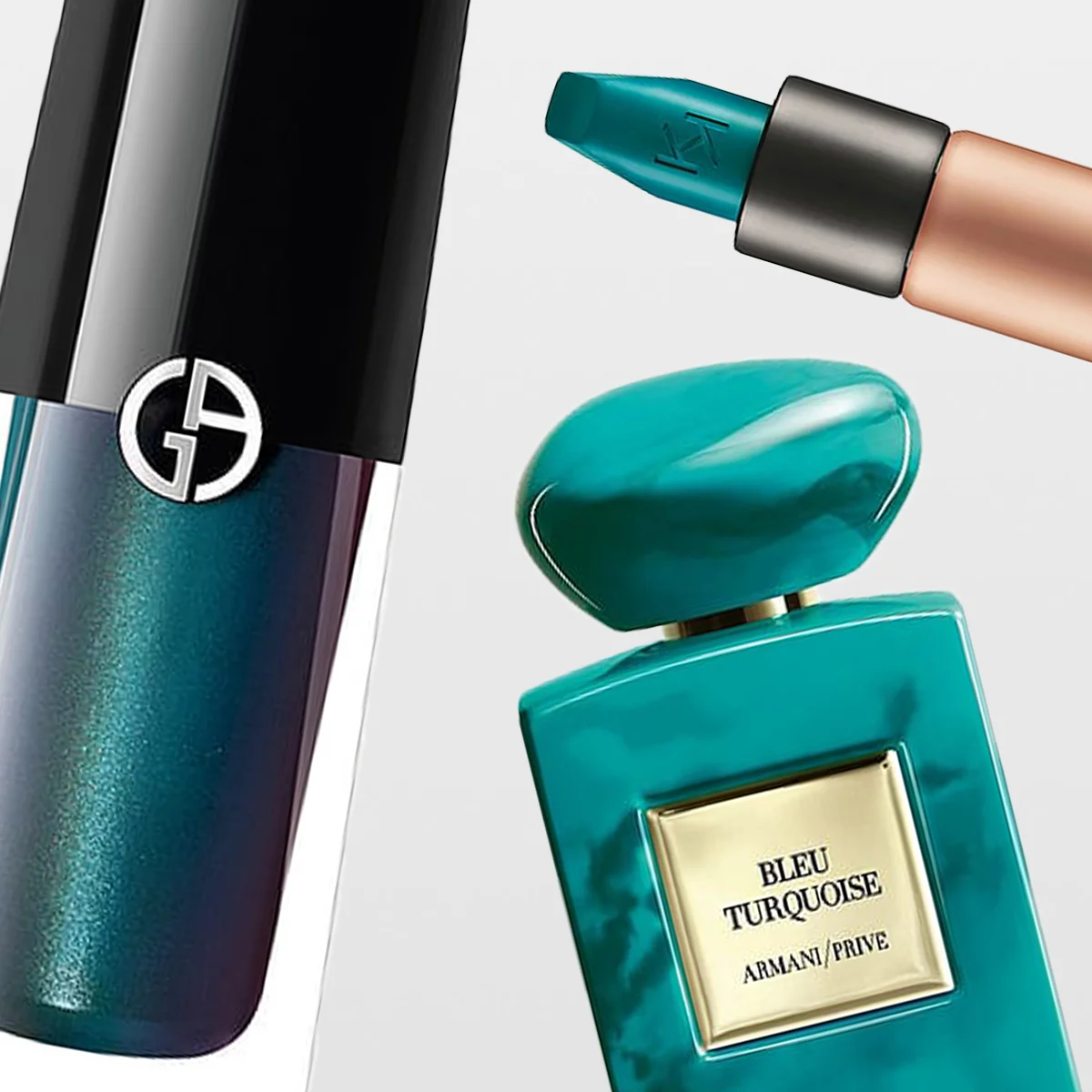 Närbild av tre lyxiga Armani-produkter i teal- och turkostoner mot en ljus bakgrund. Till vänster syns en mörk, metallisk flaska med GA-logotyp, i mitten en turkos parfymflaska med rund kork och etiketten “Bleu Turquoise – Armani/Privé”, och till höger en teal-färgad kajalpenna med vinklad spets.