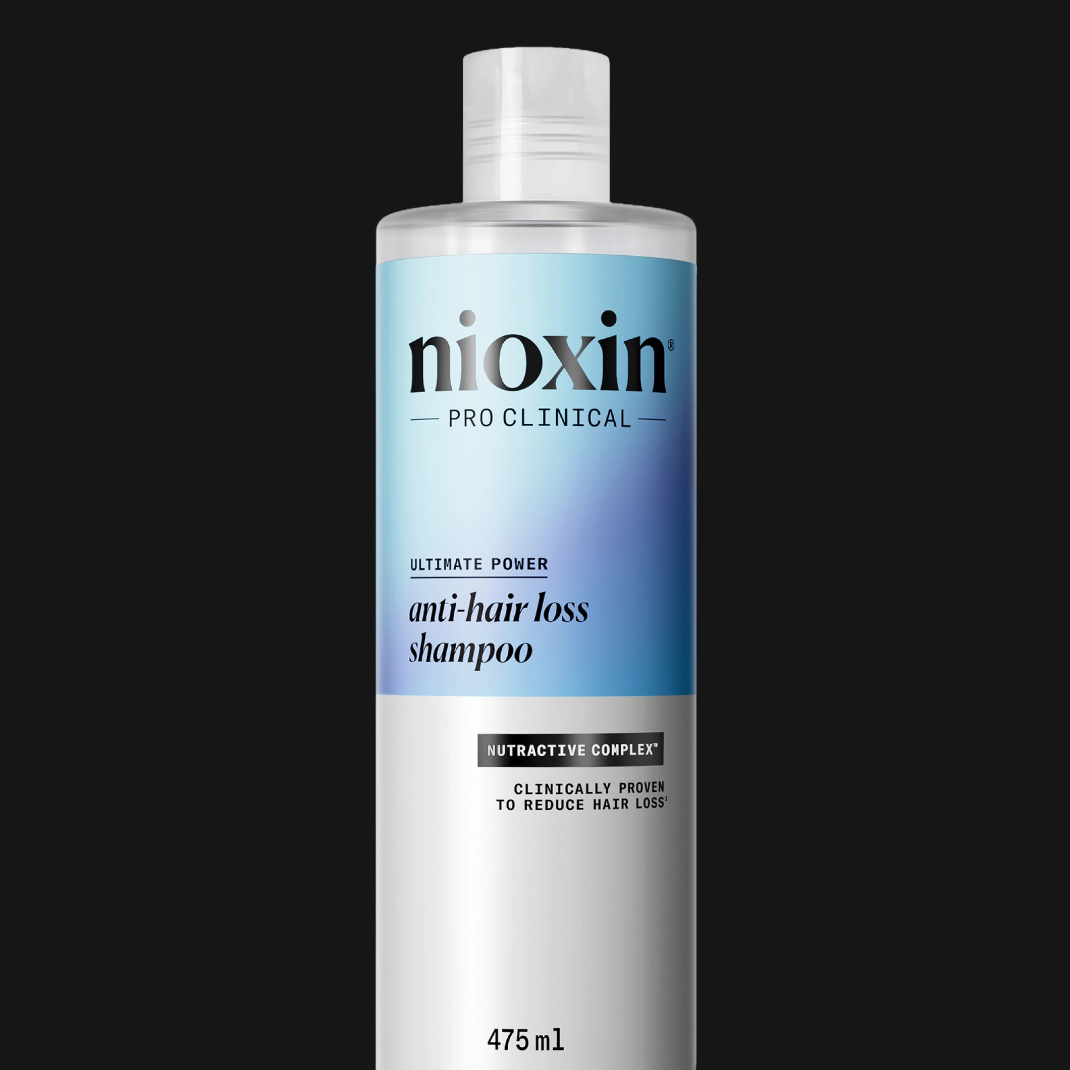 Nioxin Pro Clinical Ultimate Power Anti-Hair Loss Shampoo valko-sinisessä 475 ml pullossa mustaa taustaa vasten.