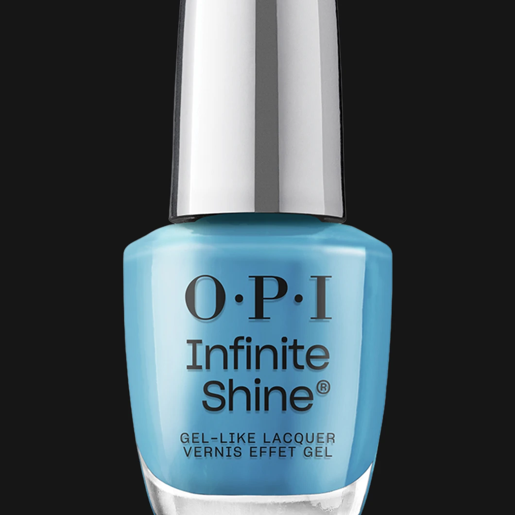 OPI Infinite Shine neglelakk i lyseblå nyanse, stående flaske mot svart bakgrunn, med sølvfarget kork.