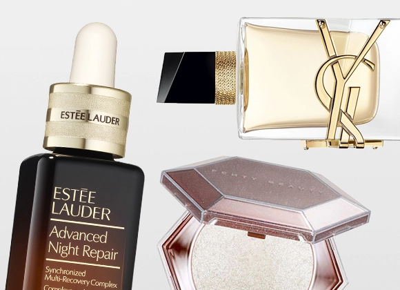 Öppen highlighter i roséguldfärgad dosa med präglat solmönster och siffran 22, tillsammans med BeautyAct by KICKS HydraRepair Melting Cream ansiktskräm i blå och silverfärgad burk samt IsaDora The Flex Tip Eyeliner.