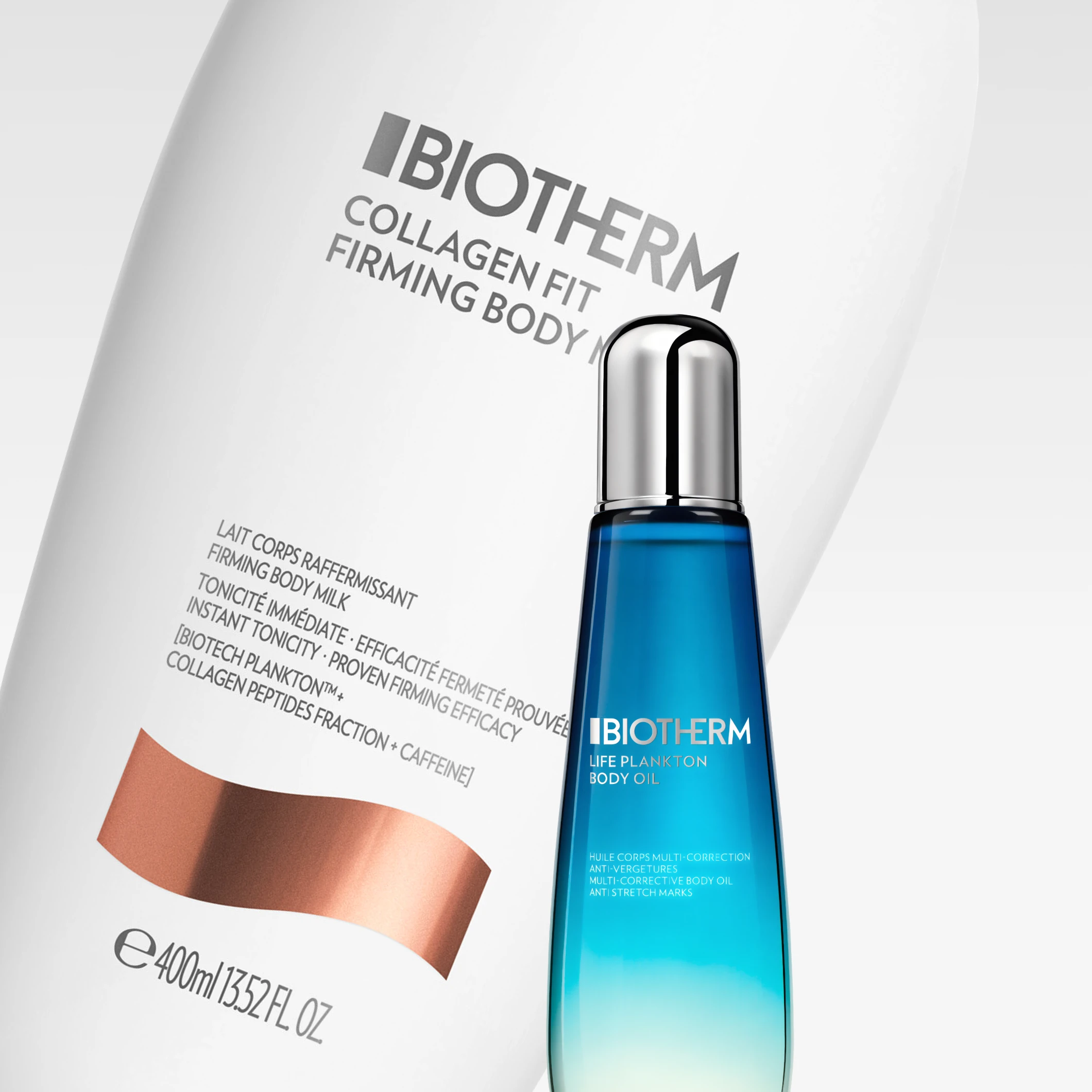 Lähikuvassa Biotherm Collagen Fit Firming Body Milk ja Life Plankton Body Oil vaaleaa taustaa vasten. Pakkauksissa näkyy tekstejä kuten ”Instant Tonicity”, ”Proven Firming Efficacy” ja ”Anti Stretch Marks”.