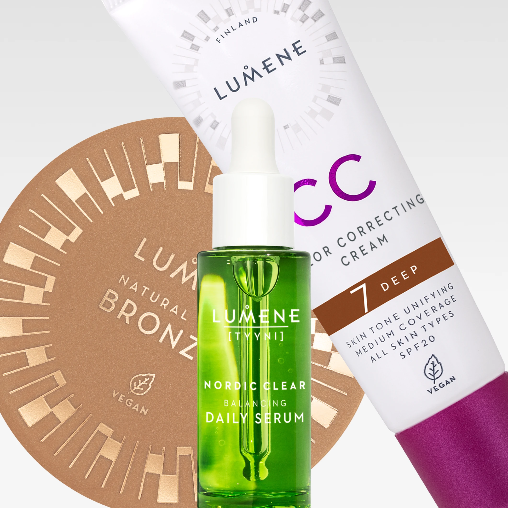 Kampanjbild med Lumene-produkter och texten “Lumene 40%* Member Deal”. Lumene Nordic Clear Balancing Daily Serum, Lumene Natural Glow Bronzer och Lumene CC Color Correcting Cream 7 Deep visas tillsammans med den blå märkningen “4 days ONLY”; på CC-creamen syns även “Skin Tone Unifying”, “Medium Coverage”, “All Skin Types”, “SPF20” och “Vegan”.
