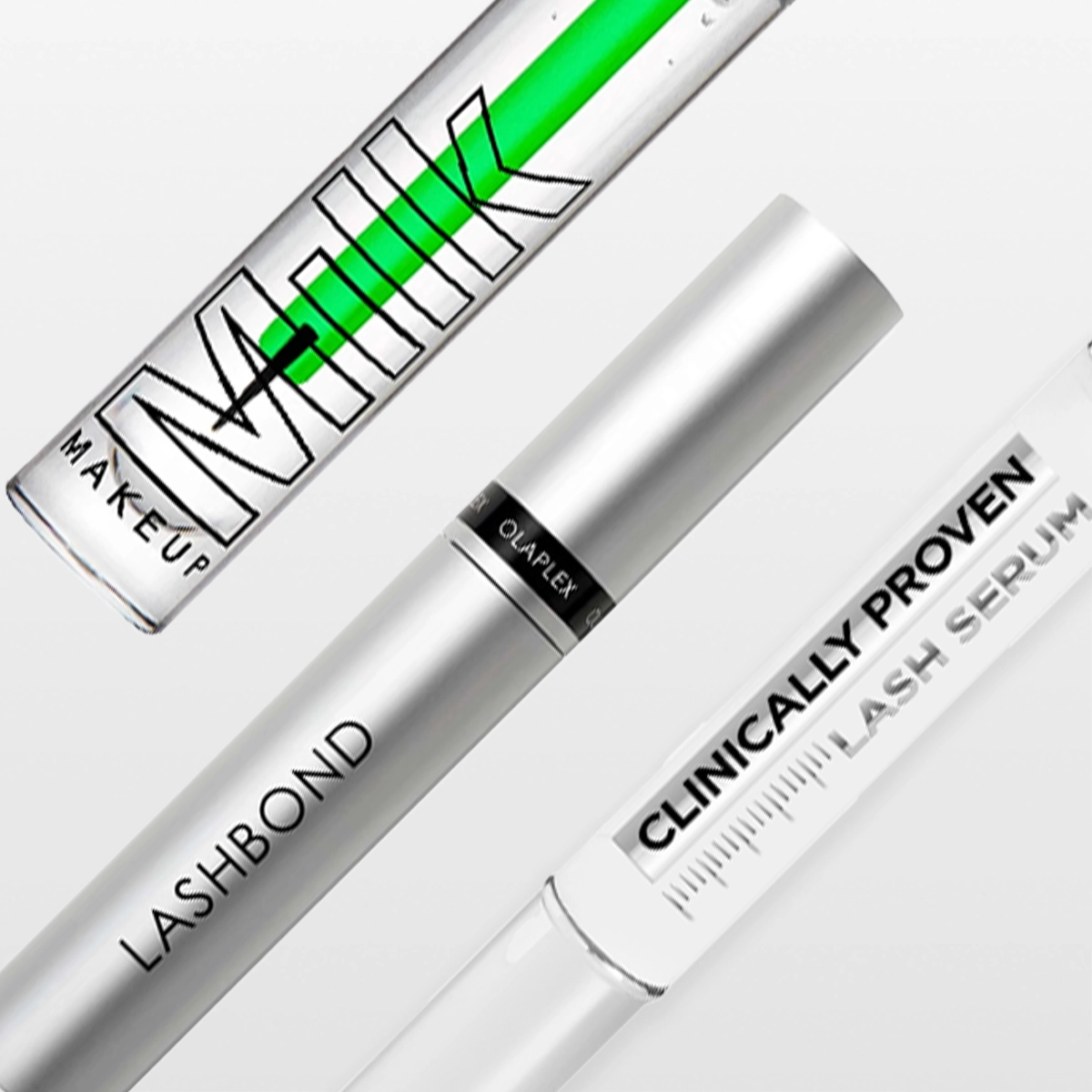 Närbild av fransserum och mascara från Olaplex och Milk Makeup med texterna "Milk Makeup", "LASHBOND", "OLAPLEX" och "CLINICALLY PROVEN LASH SERUM" på förpackningar i transparent och vit design.