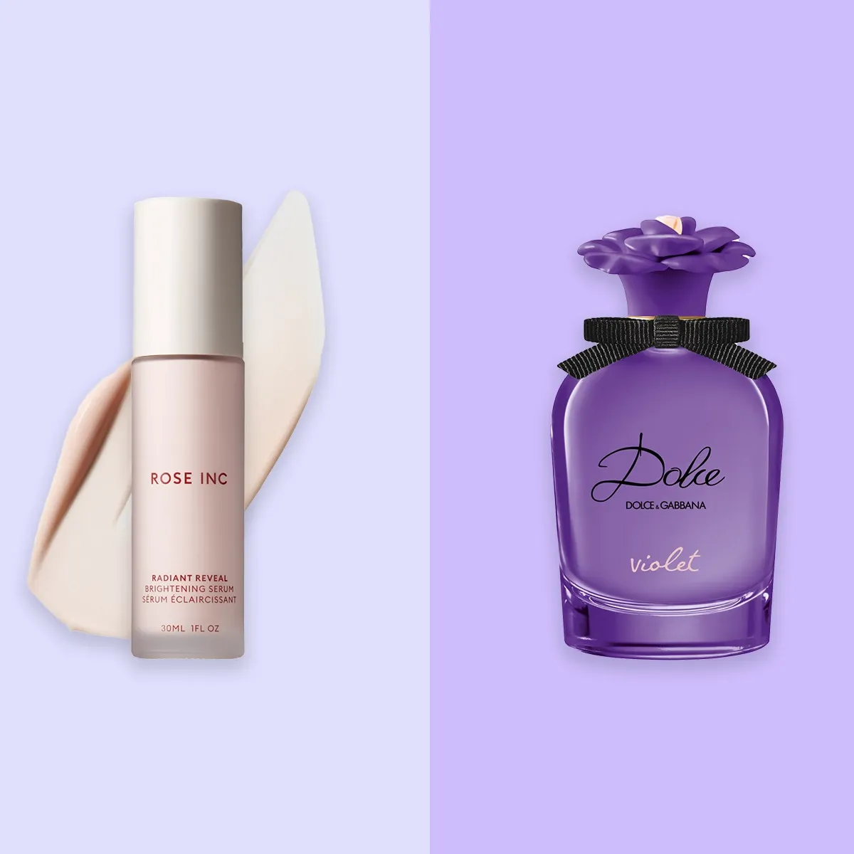 Rose Inc Radiant Reveal Brightening Serum, Dolce & Gabbana Violet -hajuvesi lilaa taustaa vasten.