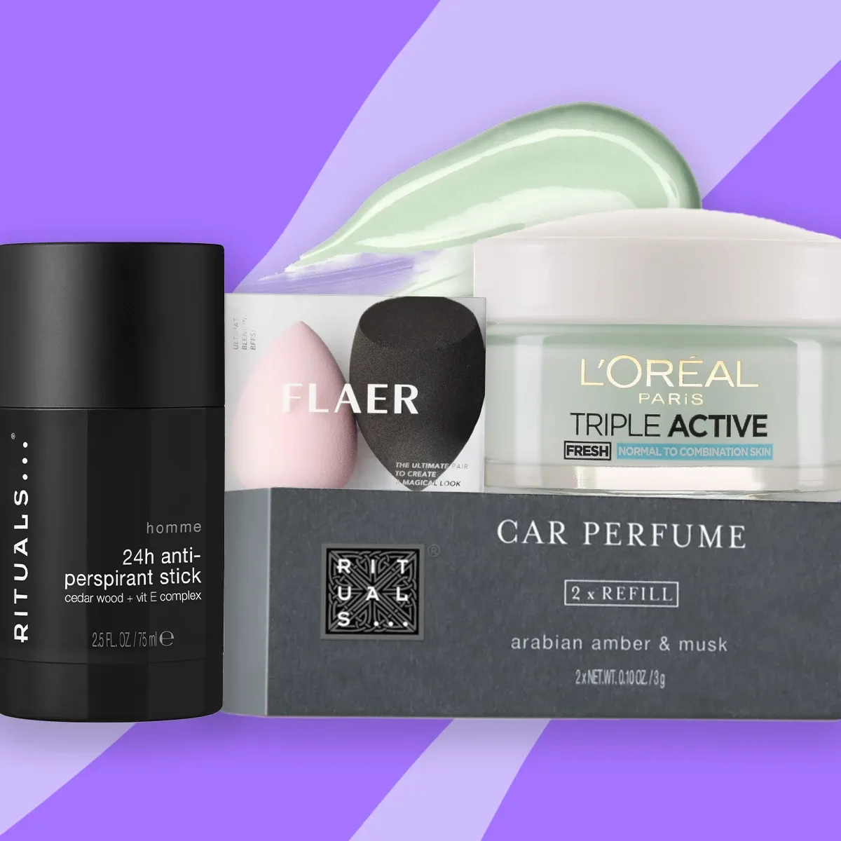 Rituals antiperspirant, FLAER makeup-svamp, L'Oréal ansiktskrem og Rituals bilparfyme.