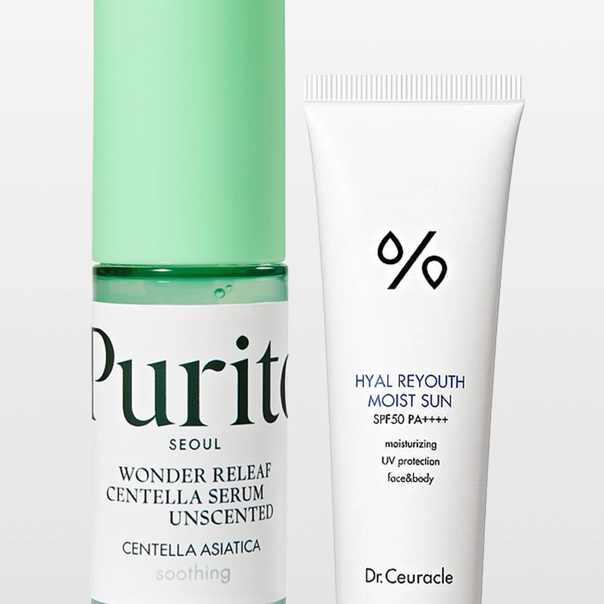 Två hudvårdsprodukter från Purito Seoul och Dr. Ceuracle visas mot en ljus bakgrund. Förpackningarna visar texterna “Purito Seoul Wonder Releaf Centella Serum Unscented”, “Centella Asiatica”, “soothing”, “Hyal Reyouth Moist Sun SPF50 PA++++”, “moisturizing”, “UV protection” och “face&body”.