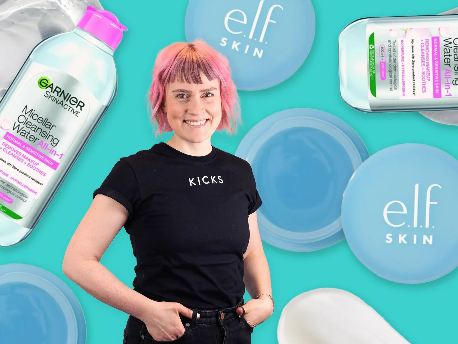 En person med rosa hår og en svart t-skjorte med teksten "KICKS" står foran en bakgrunn med produkter fra Garnier og e.l.f. Skin.