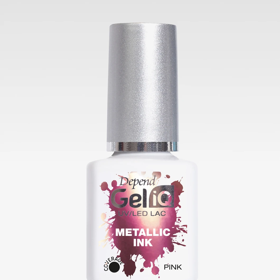 Bild som visar en vit flaska med Depend GeliQ UV/LED Lac Metallic Ink nagellack. Bakgrunden är vit.