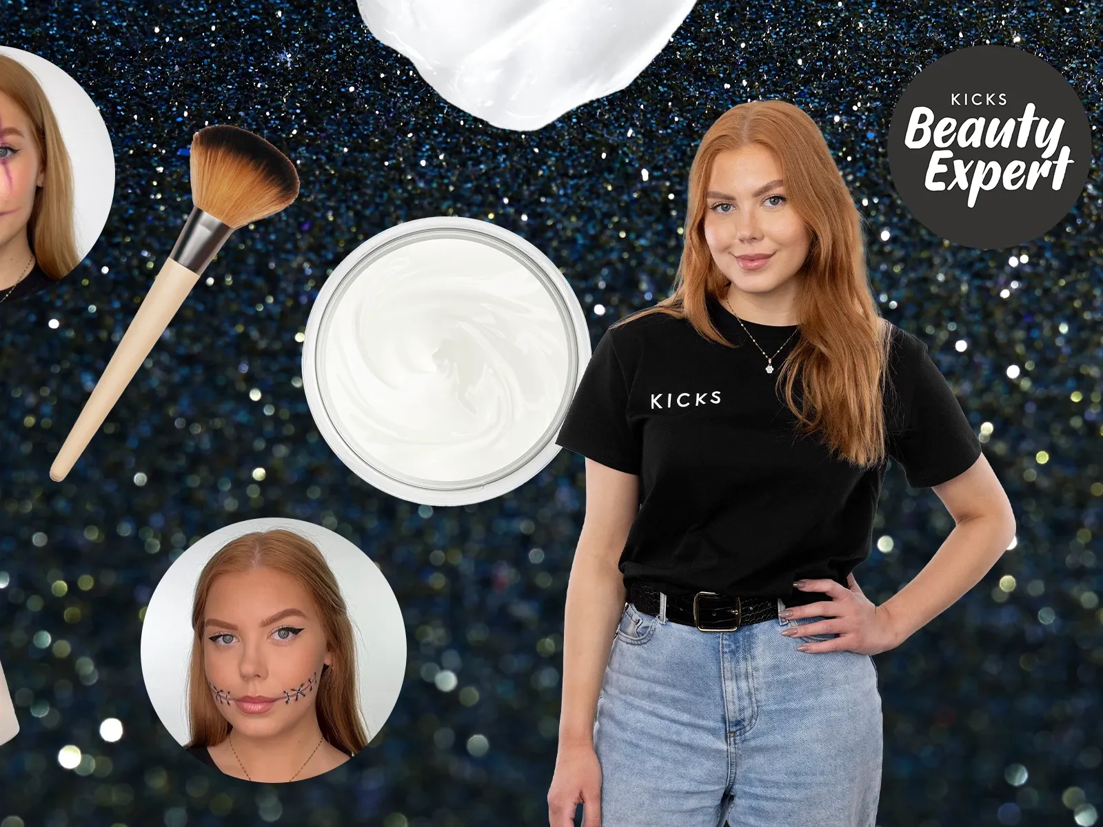 Kvinne ved siden av sminkeprodukter, verktøy og bilder av ulike sminkeresultater, sammen med en Kicks Beauty-ekspert-logo, mot en mørk og glitrende bakgrunn.