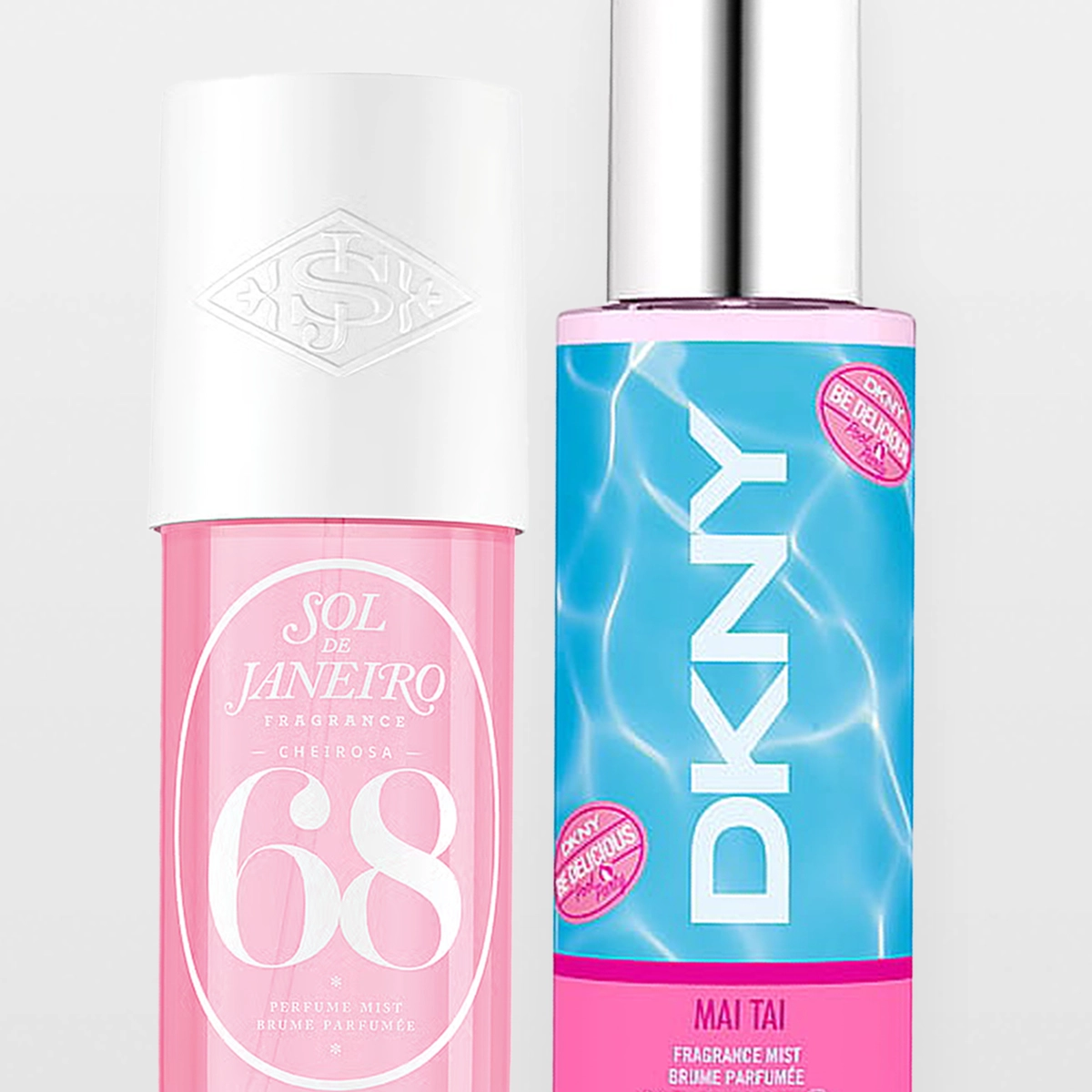 Sol de Janeiro Cheirosa 68 Perfume Mist ja DKNY Mai Tai Fragrance Mist vaaleanharmaata taustaa vasten. Pakkauksissa näkyvät tekstit ”Cheirosa 68”, ”Perfume Mist”, ”DKNY”, ”Mai Tai Fragrance Mist” sekä merkintä ”DKNY Be Delicious”.