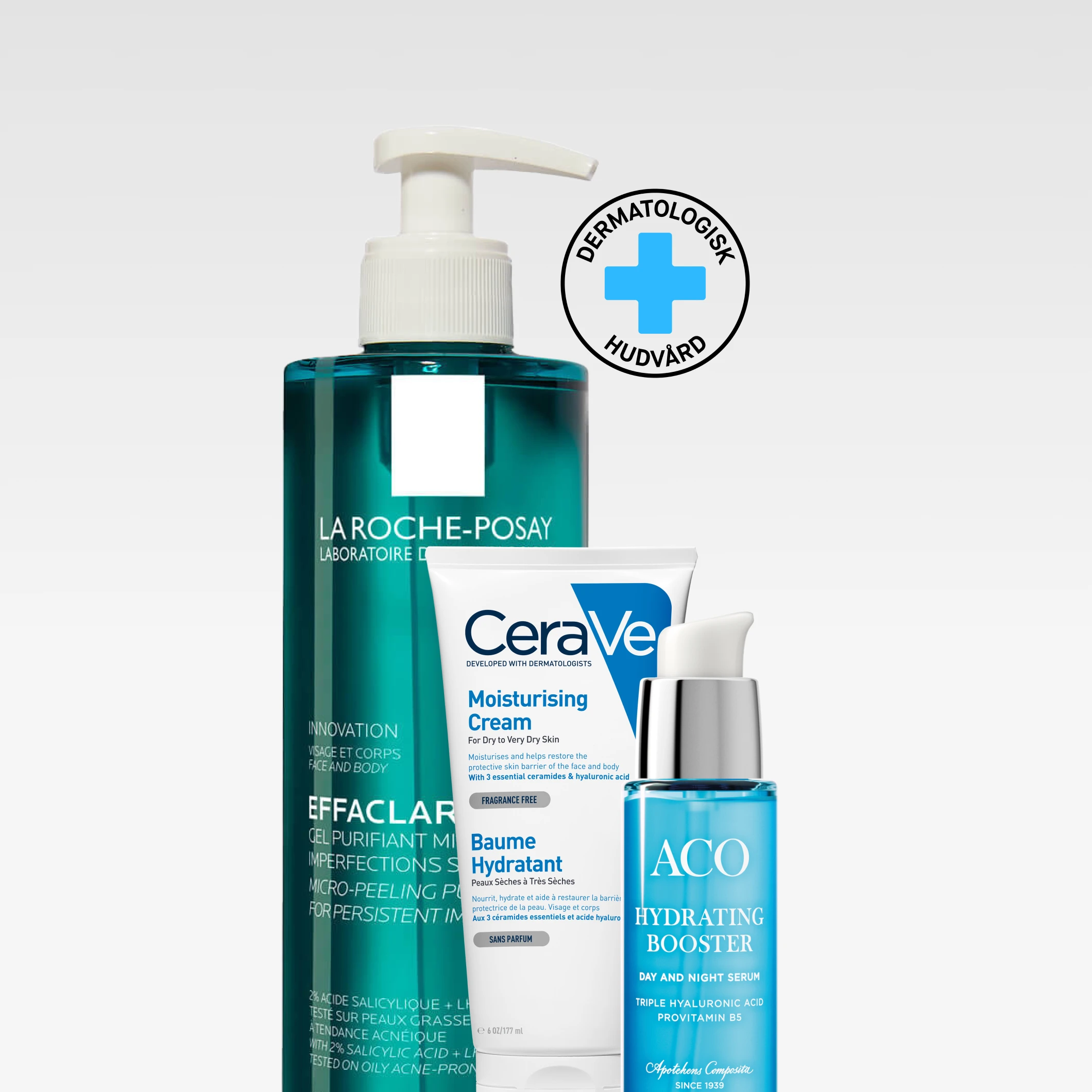 Hudvårdsserie med La Roche-Posay Effaclar rengöringsgel i pumpflaska, CeraVe Moisturising Cream Baume Hydratant och ACO Hydrating Booster serum, tillsammans med symbolen “Dermatologisk hudvård”.