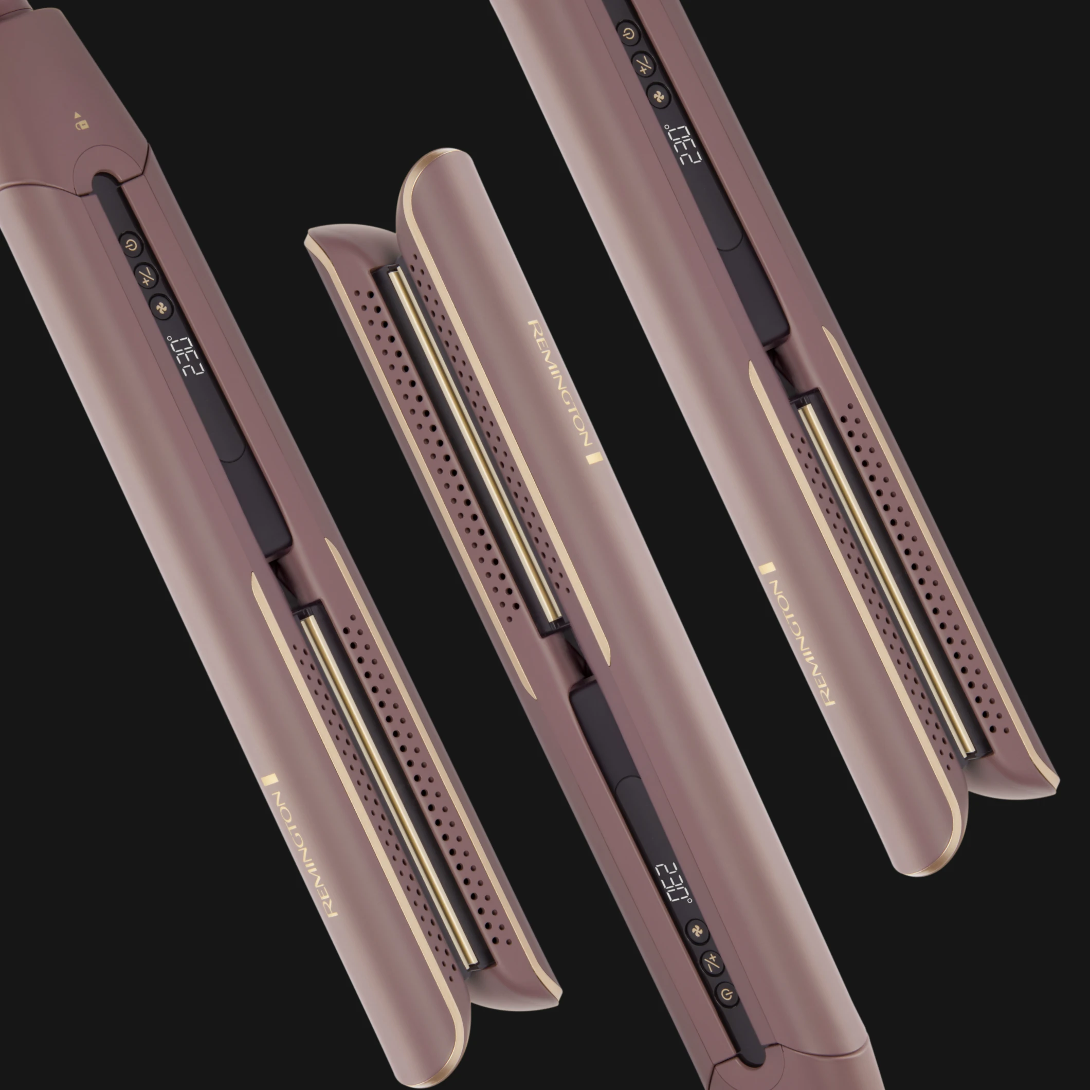 Remington hårplattänger i rosa metallicdesign med digital display mot svart bakgrund. Synlig text inkluderar “REMINGTON” och temperaturvisningen “230”.