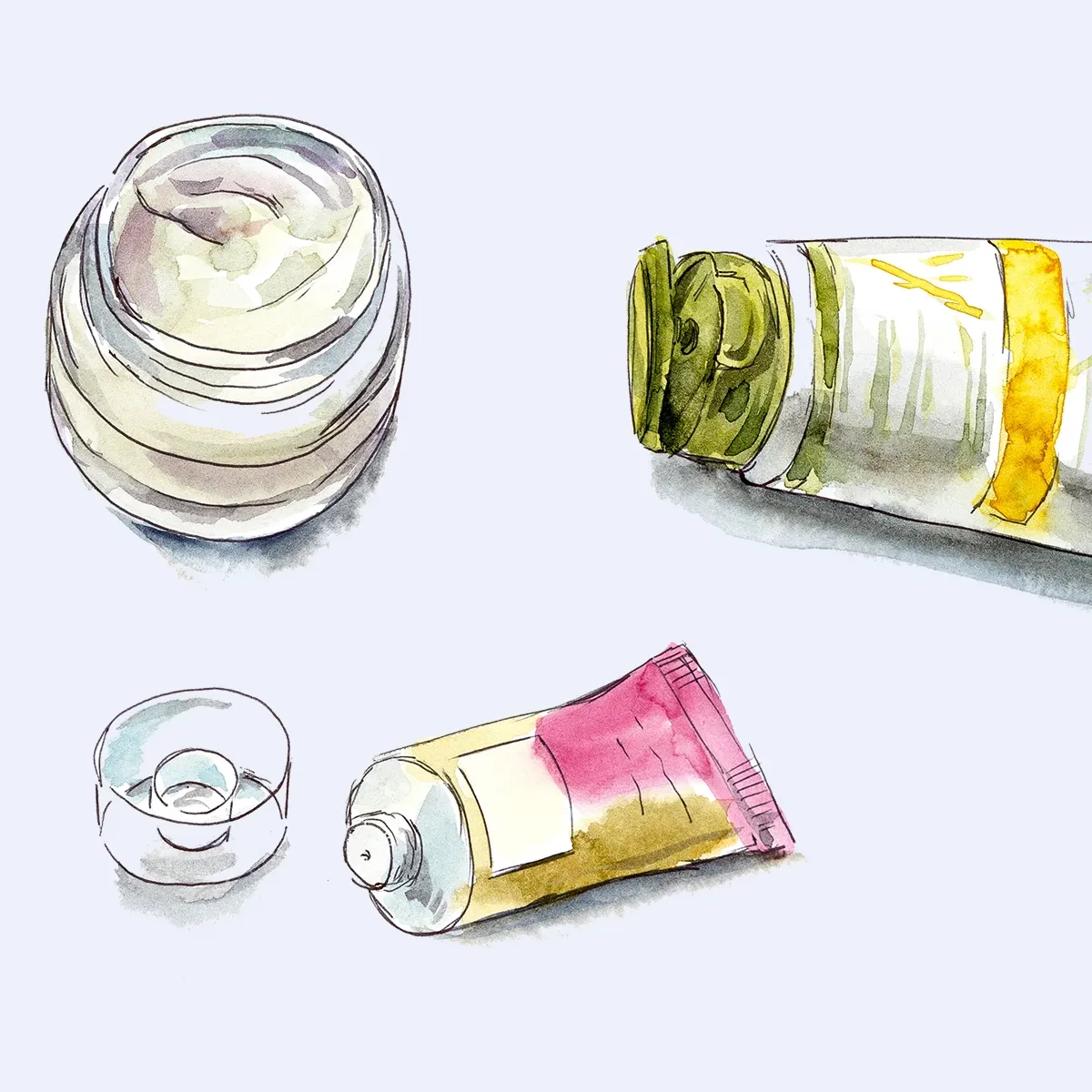 En illustrasjon av forskjellige kosmetiske produkter, inkludert en krukke med krem, en åpen krukke, en liten tube og en større tube.