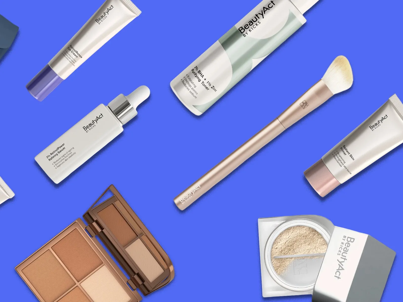 En samling skönhetsprodukter från BeautyAct by Kicks, inklusive krämer, serum, toner, sminkborste och palett, mot en blå bakgrund.