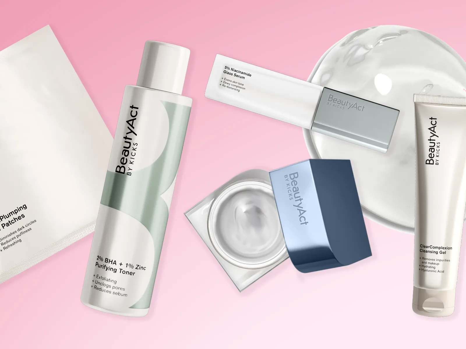 Beauty act- produkter placerade mot en rosa bakrund 